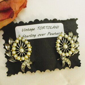 Vintage TORTOLANI Floral Clip Earrings ~ DESIGNER Sterling, Pearl, Rhinestone